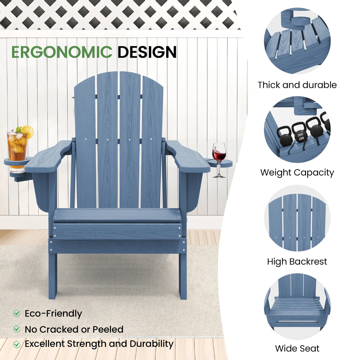 SERWALL Folding Adirondack Chair Set with Dual Cup Holders & Phone Holder, All-Weather HDPE Fire Pit Chairs for Outdoor, Patio, Poolside, Garden - Black