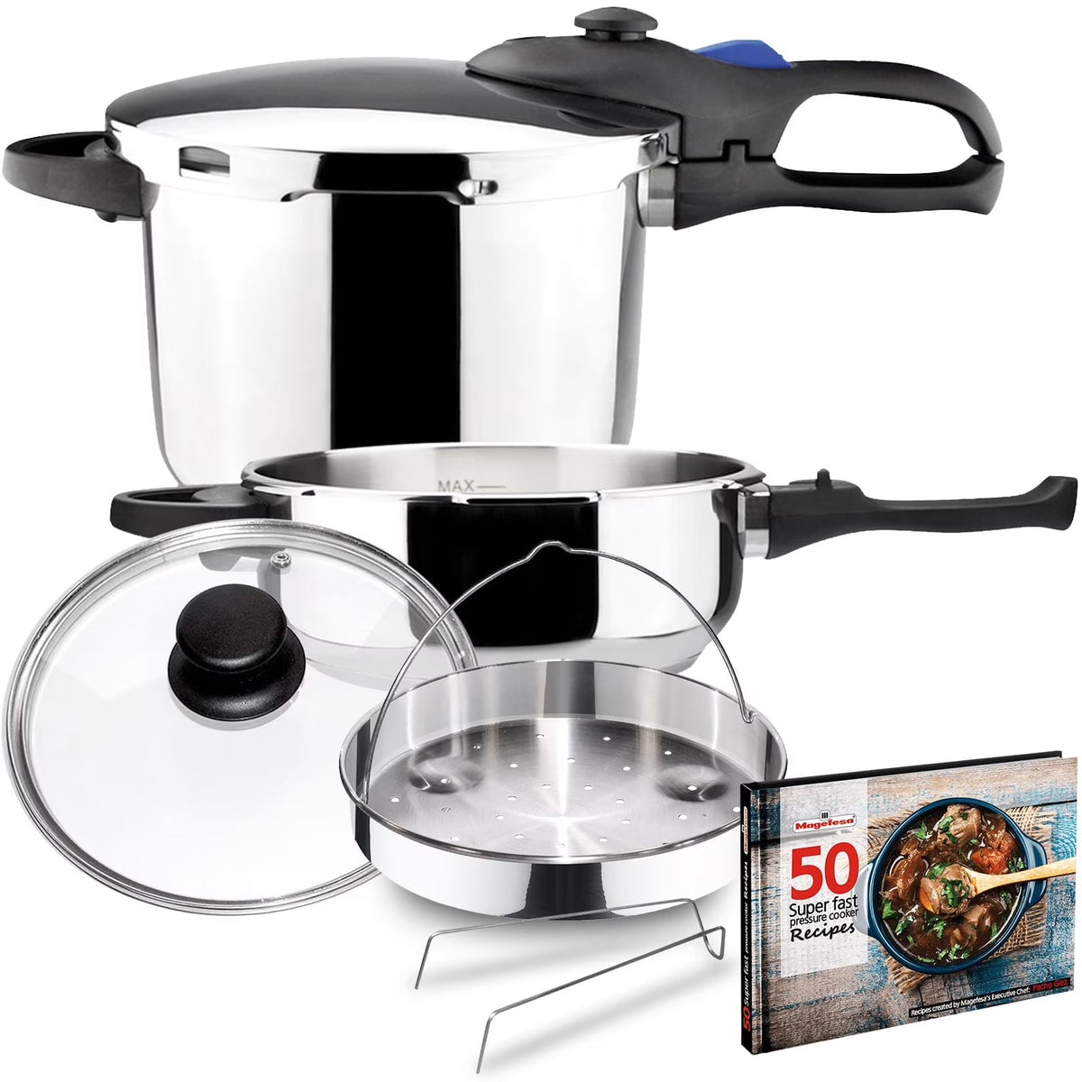 MAGEFESA Favorit Six Stainless Steel  Pressure Cooker Set, 3.2 Qt & 6.3 Qt, Induction Compatible �C Special Edition (Steam Basket, Lid & Recipe Book)