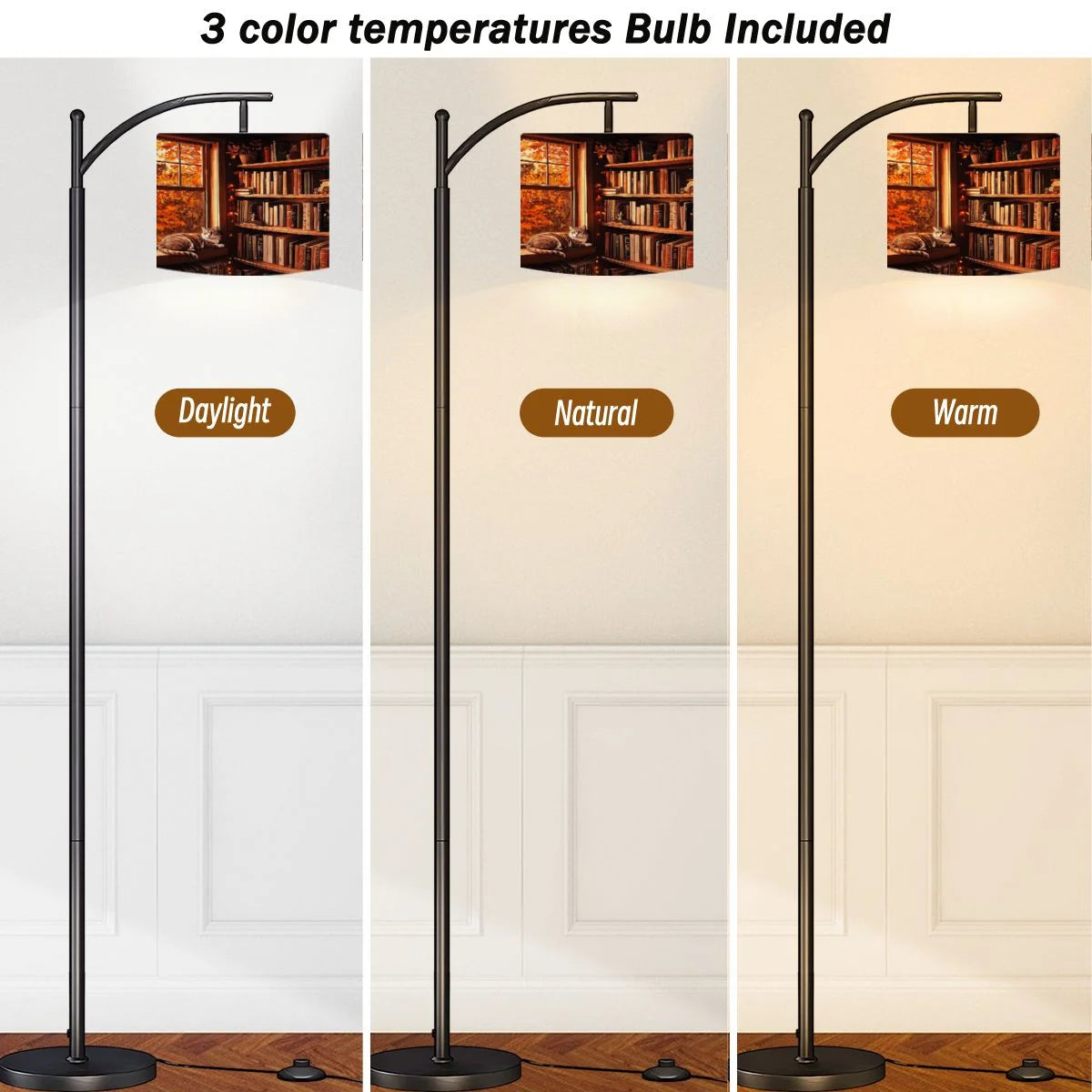 Arc Floor Lamps Surreal Bookshelf Dreamlike Sky Art Print Modern LED Adjustable Lampshade Standing Light for Living Room Reading Bedroom Office