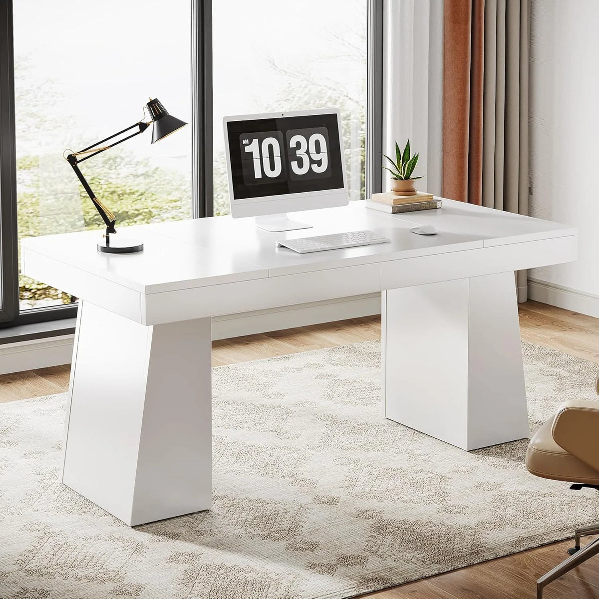 Tribesigns 55 Inches Executive Desk, Mid-Century Modern Home Office Desk with Double Trapezoid Base