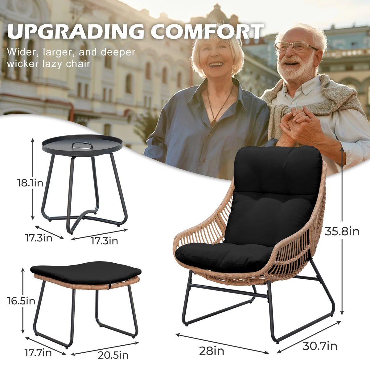 Tappio Wicker Papasan Egg Chair with Ottoman, Outdoor Patio Basket Lounge Chair Indoor Oversized Egg Lounger with Thick Cushion for Living Room Bedroom Balcony Porch, Black