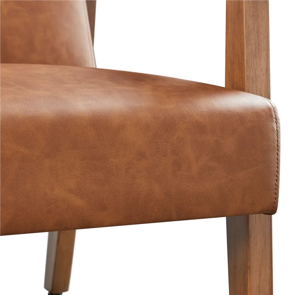Yaheetech Mid-Century Upholstered Faux Leather Armchair with Solid Wood Legs,Brown