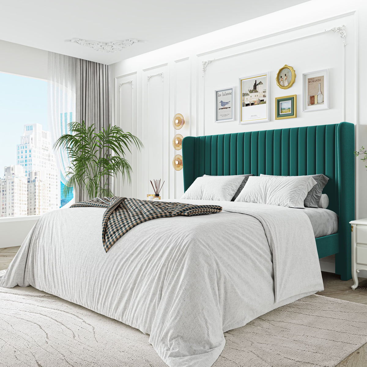 Sha Cerlin Queen Size Upholstered Platform Bed Frame with Velvet Channel Wingback Headboard, Off White