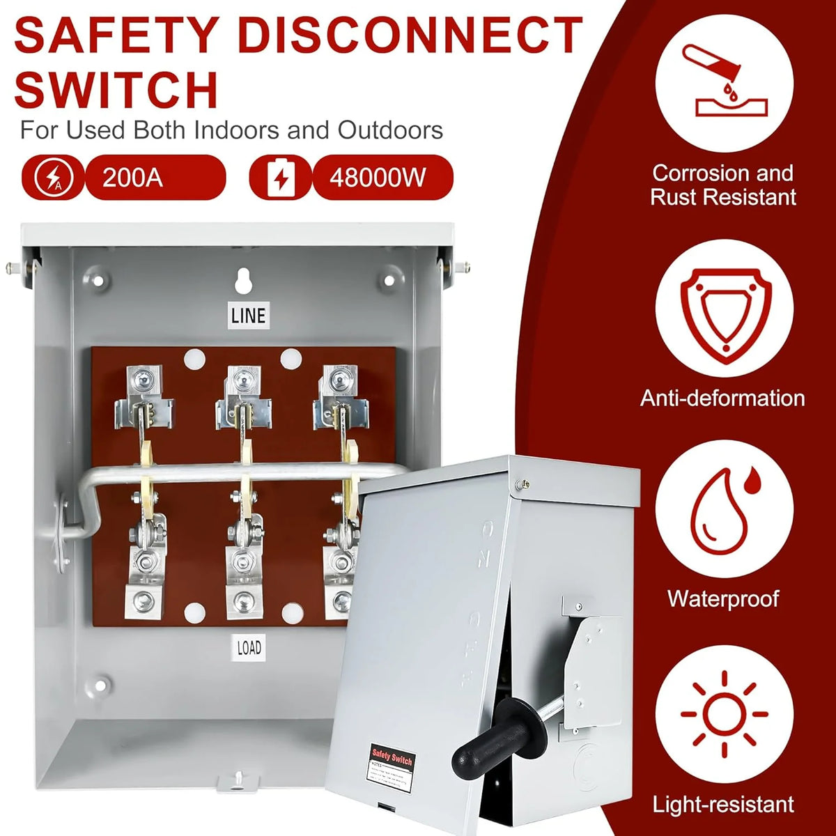 200-Amp, 3 Pole 120V/240V General Safety Switch, Non-Fused AC Disconnect Switch Box, Outdoor&Indoor, NEMA-3R Enclosure, Anti Corrosion and Rust Prevention with Ground Kit