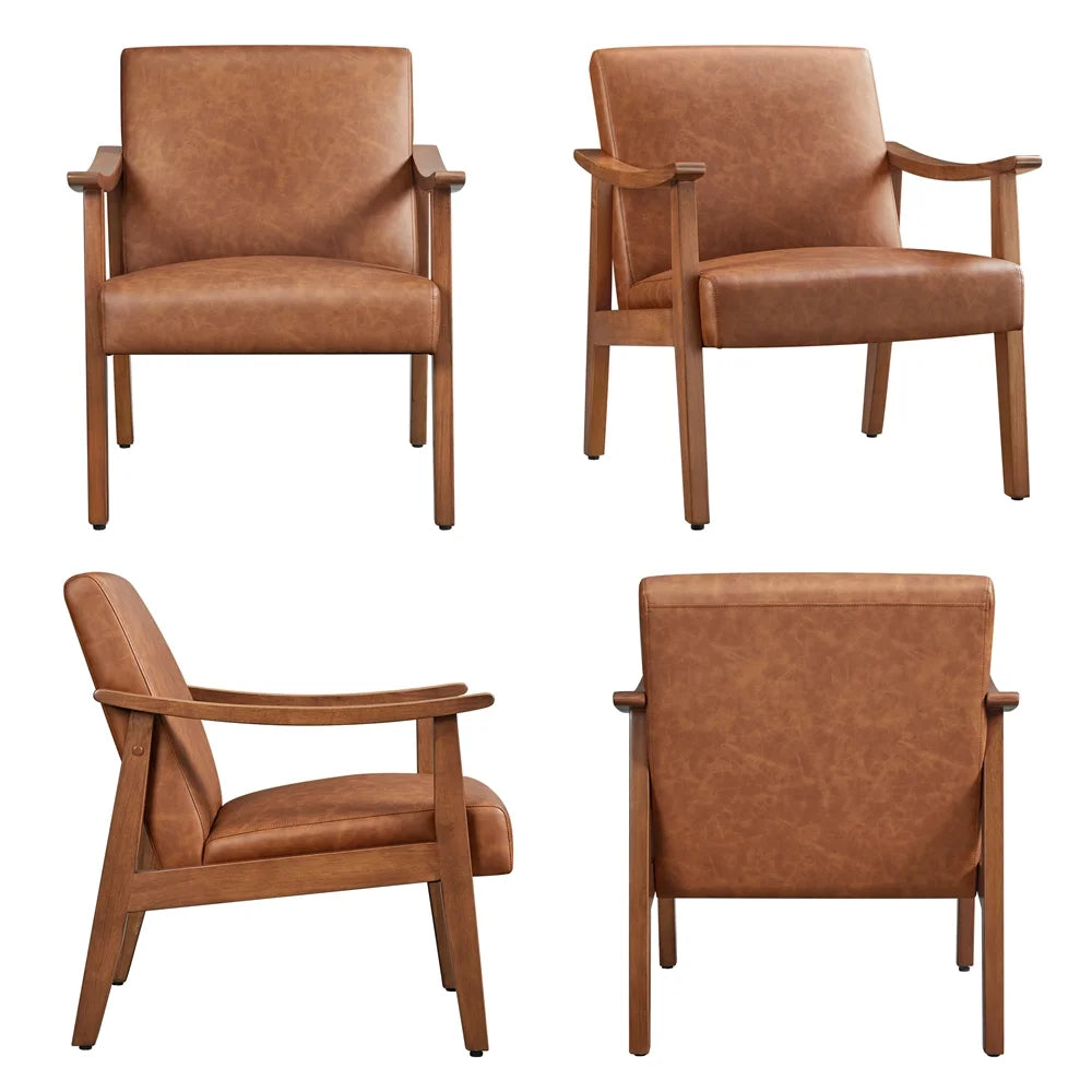 Yaheetech Mid-Century Upholstered Faux Leather Armchair with Solid Wood Legs,Brown