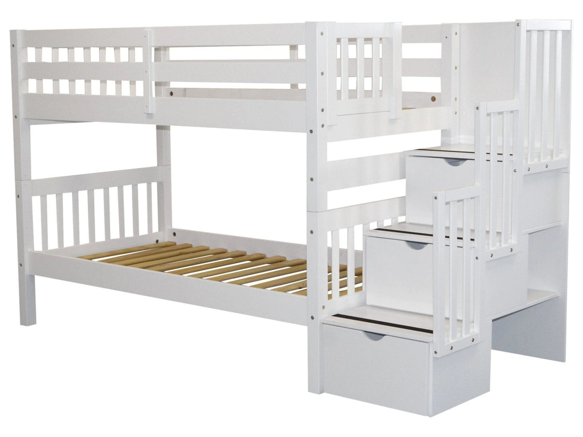Bedz King Stairway Bunk Beds Twin over Twin with 3 Drawers in the Steps, White