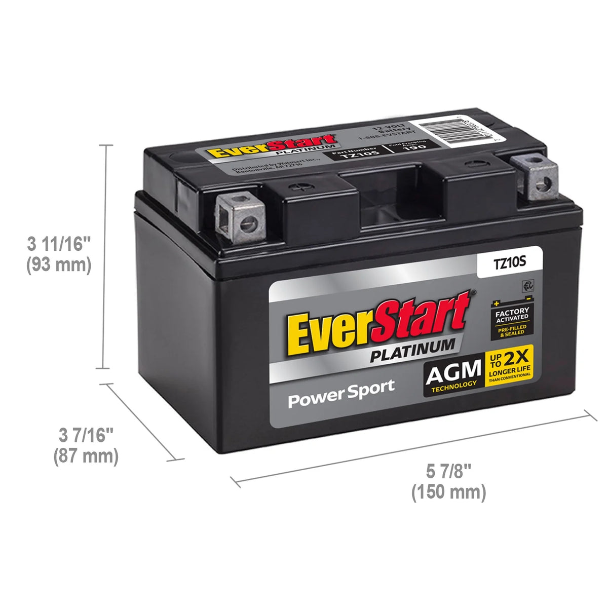 EverStart Platinum AGM Power Sport Battery, Group Size TX10S 12 Volt, 190 CCA