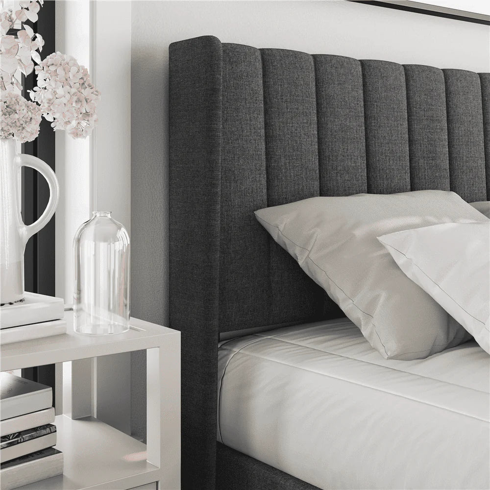 Yaheetech Upholstered Wingback Bed with Support and Mattress Foundation, Queen, Dark Gray