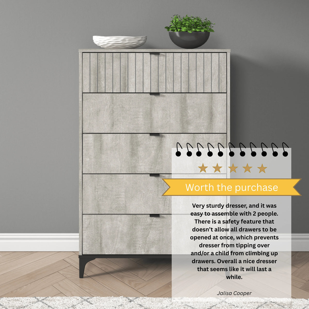 Galano Zaffy 5 Drawer Dressers for bedroom , Dusty Grey Oak
