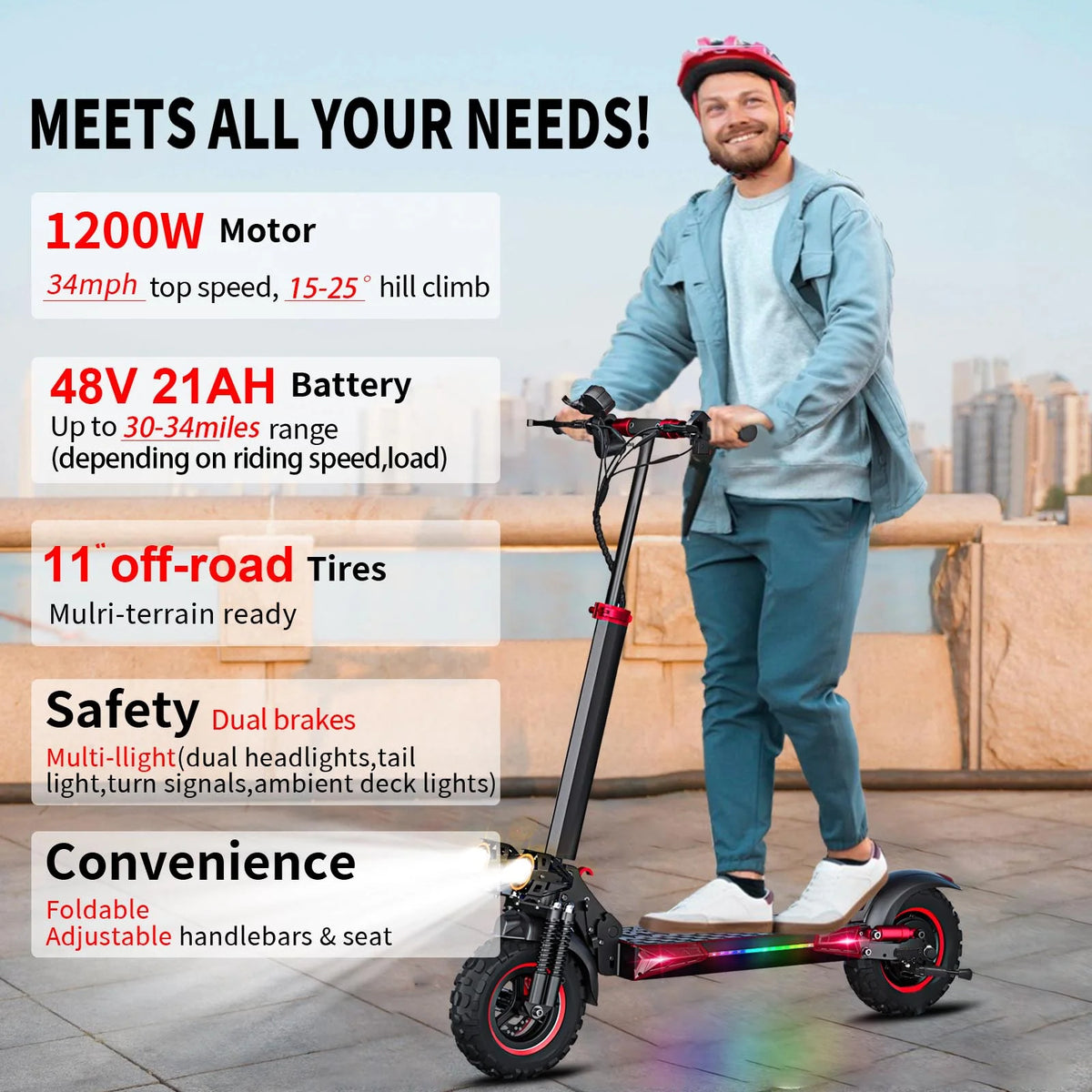 MIWEN 11'' Offroad Electric Scooter for Adult with Seat��1200W Motor up to 34MPH,30-34Miles Long Range Fast Electricscooter��48V 21Ah Foldable Escooter