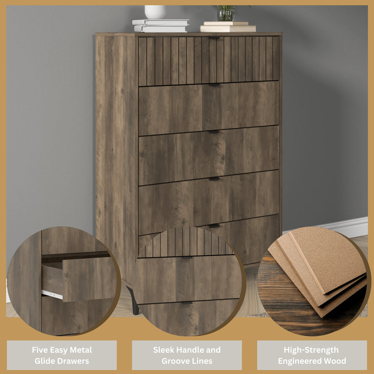 Galano Zaffy 5 Drawer Dressers for bedroom , Dusty Grey Oak