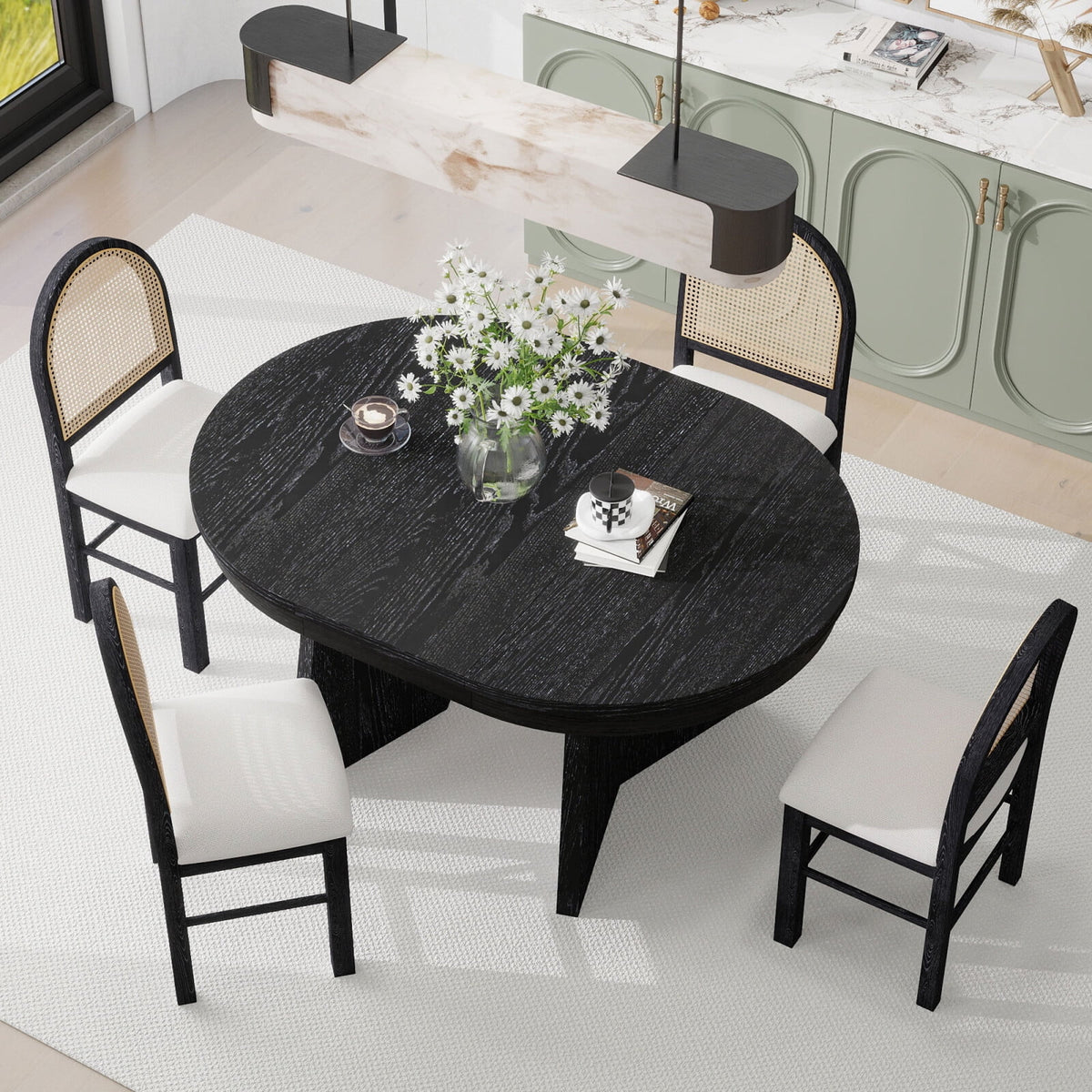 5-Piece Extendable Dining Table Set for 4 People, Solid Wood Kitchen Table Set with 4 Upholstered Chairs and Rattan Backrests for Dining Room and Kitchen, Natural