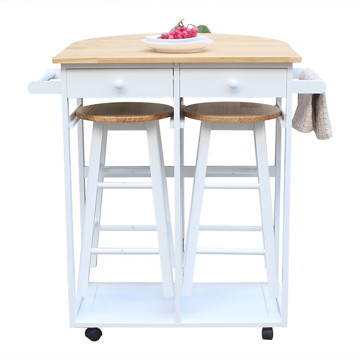 Moveable Kitchen Storage Cart With Wheels, Wire Rolling Cart Multifunction Utility Cart Kitchen Storage Cart on Wheels, Foldable With Metal Handle Semicircle Dining Cart With Round Stools White