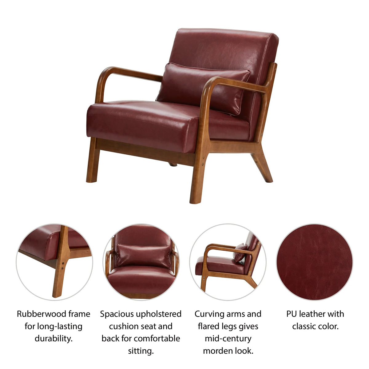 Glitzhome Mid Century Solid Wood Frame Accent Chair Modern Leather Lazy Chair