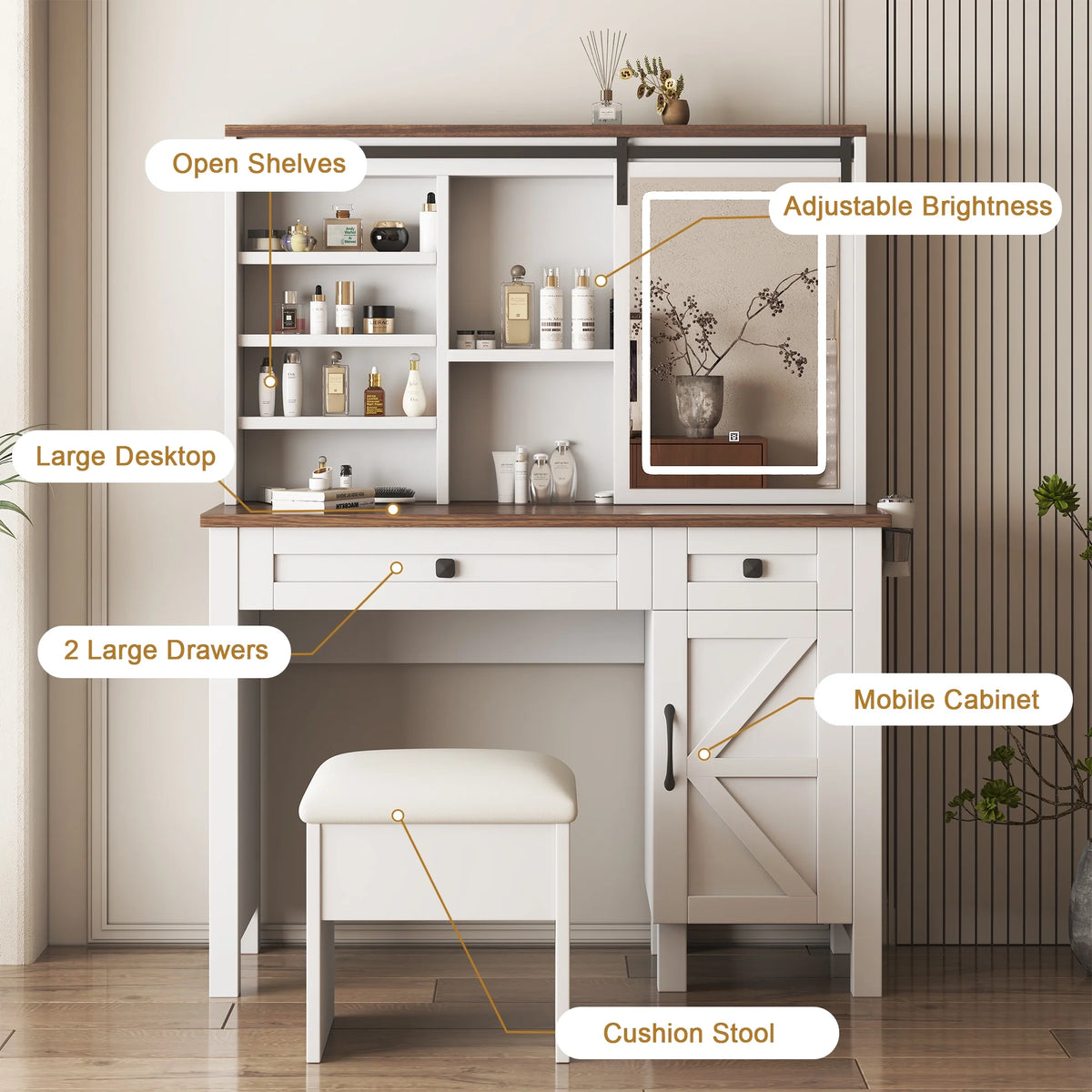 Montary Modern Mini Vanity w/Adjustable LED Mirror + Hidden Storage, Padded Stool & Dustproof Shelves (White)
