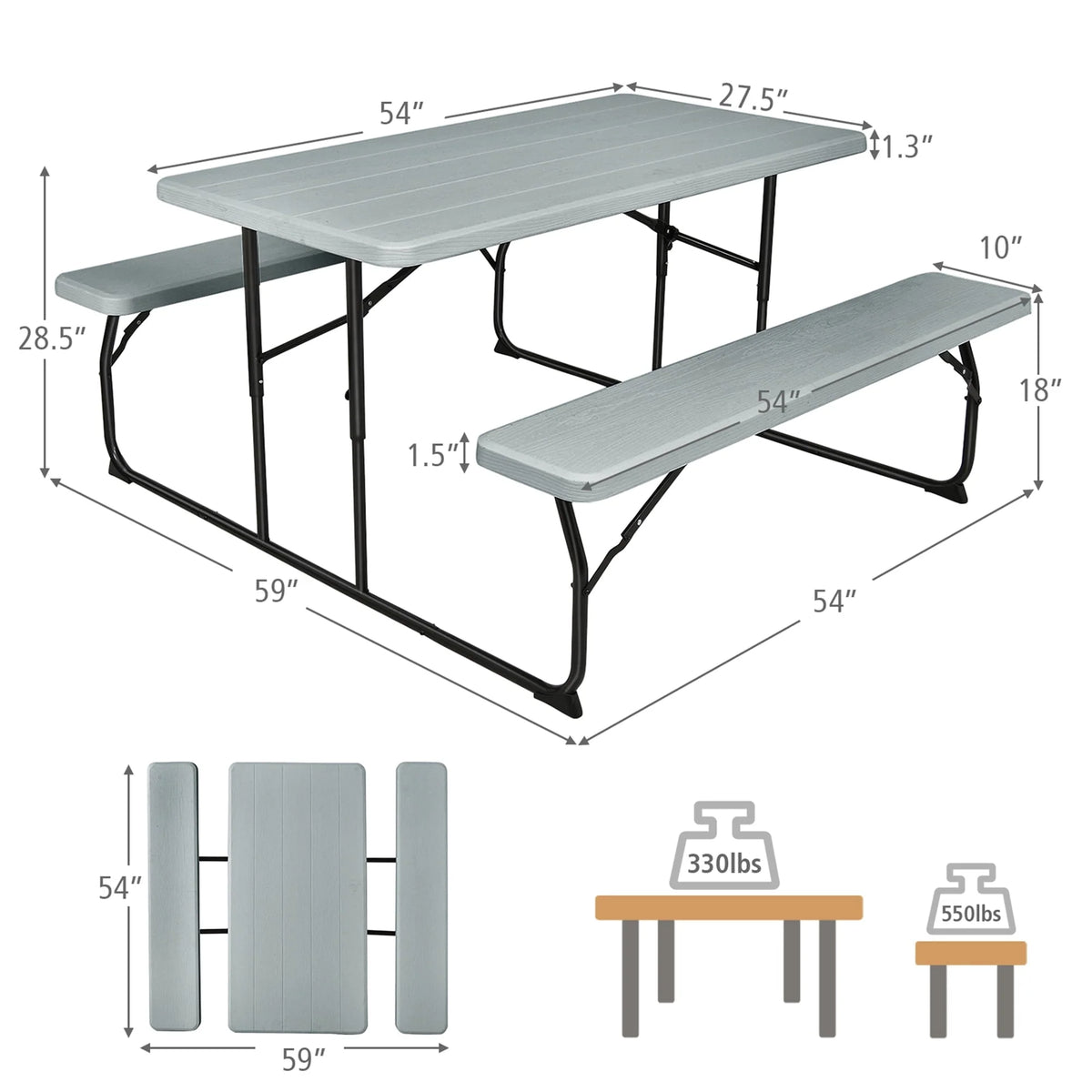 Gymax Folding Picnic Table & Bench Set for Camping BBQ w/ Steel Frame Grey