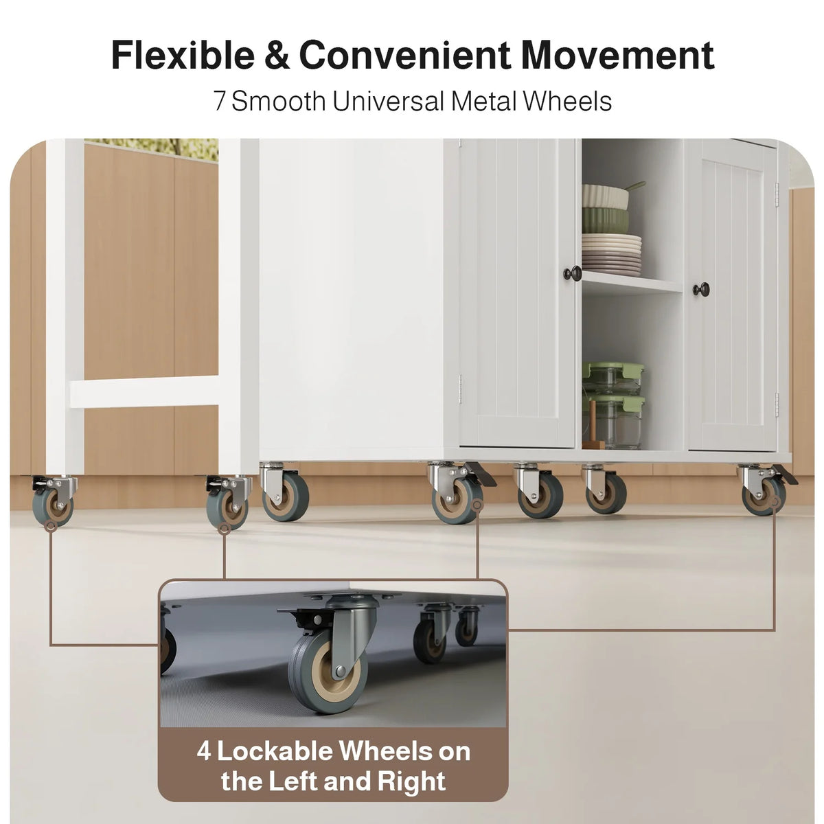 Noelse Rolling Kitchen Island with Drop Leaf Table and Hidden Trash Cabinet, Mobile Kitchen Cart with Storage Drawer, Adjustable Shelves & Rubberwood Countertop on Wheels, White