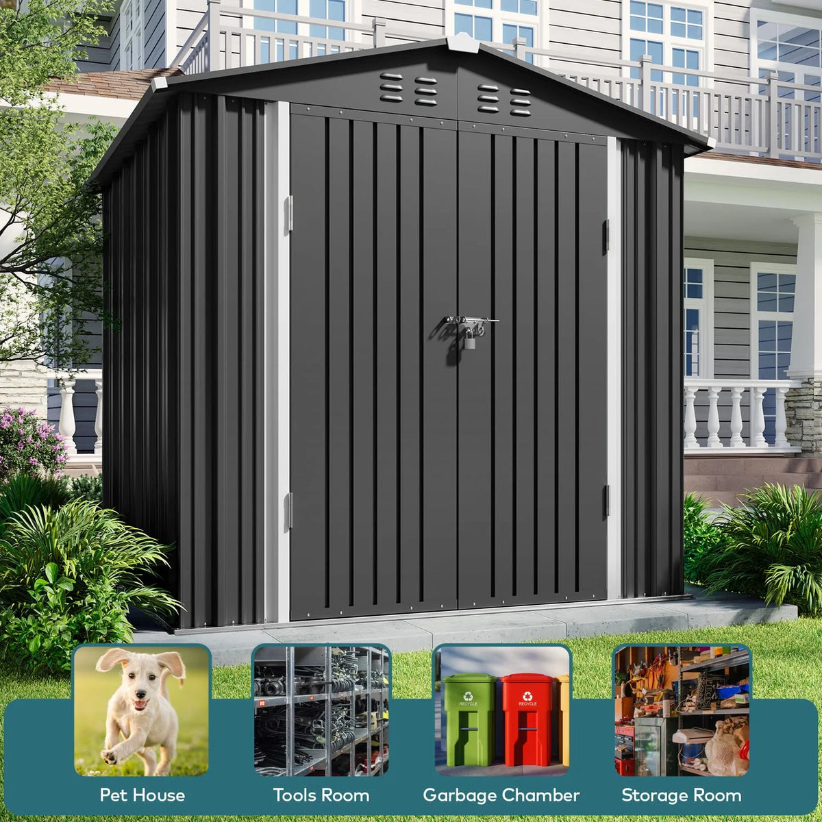 Lofka 6 x 4 FT Galvanized  Metal Outdoor Storage Shed with Double Lockable Doors and Air Vents for Patio, Garden, Backyard, Lawn, Dark Gray