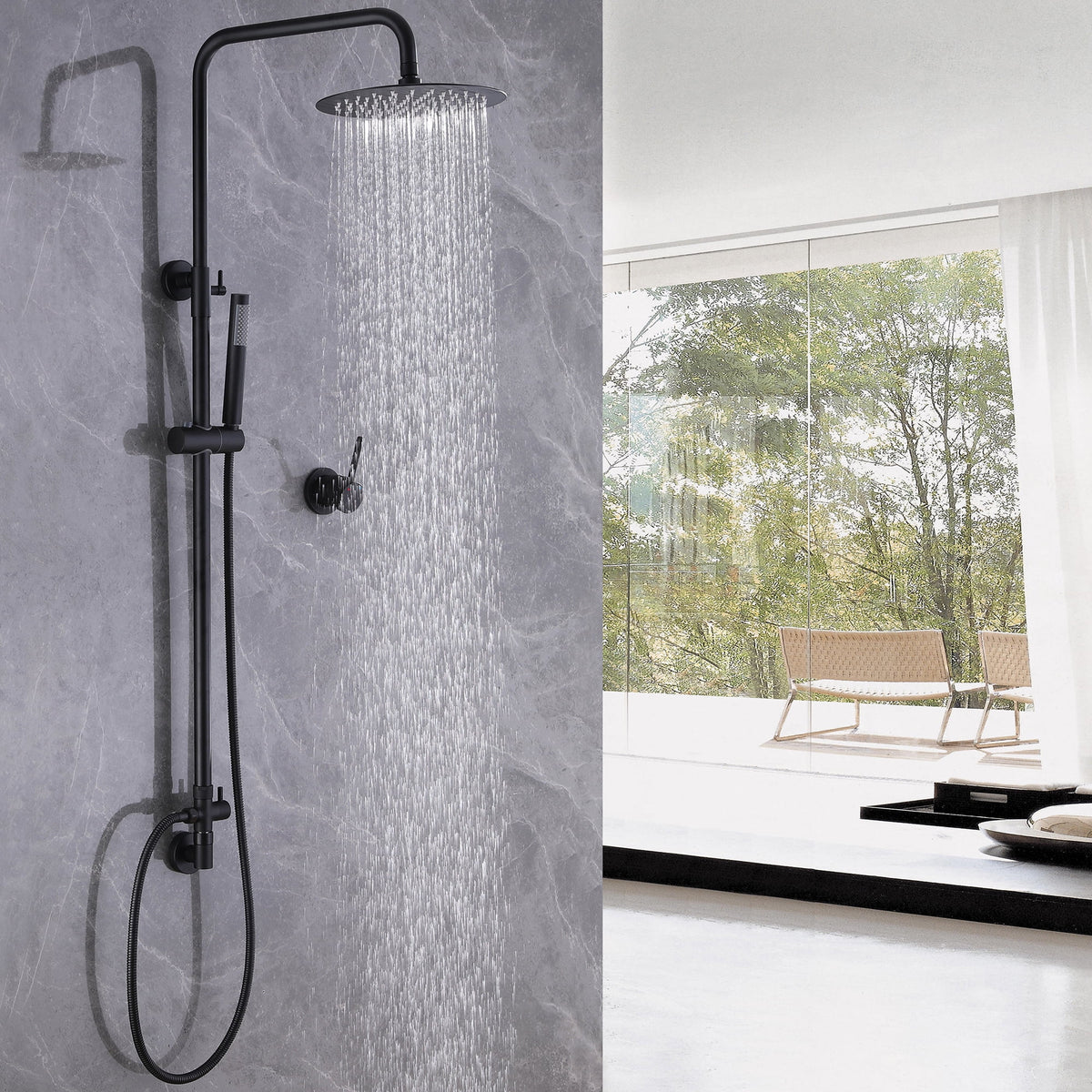 Brass Exposed Pipe Shower System, 10-inch Rainfall Shower Head with Handheld Shower Head with Rough-in Valve