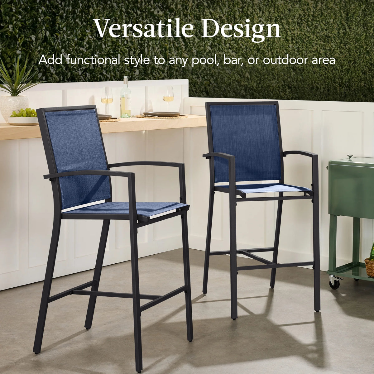 Best Choice Products Outdoor Barstools Set of 2, Bar Height Patio Chairs w/ All-Weather Mesh - Black/Black