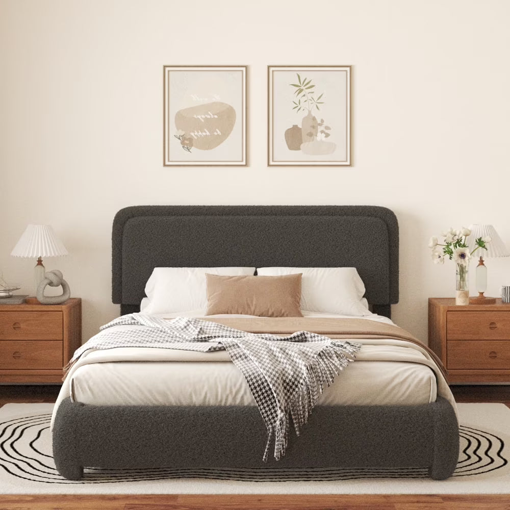 VIPLOV King Size Boucle Bed Frame, Cloud Upholstered Platform Bed with Height Adjustable Headboard & Soft Rounded Corners, No Noise Free, Easy Assembly,Beige