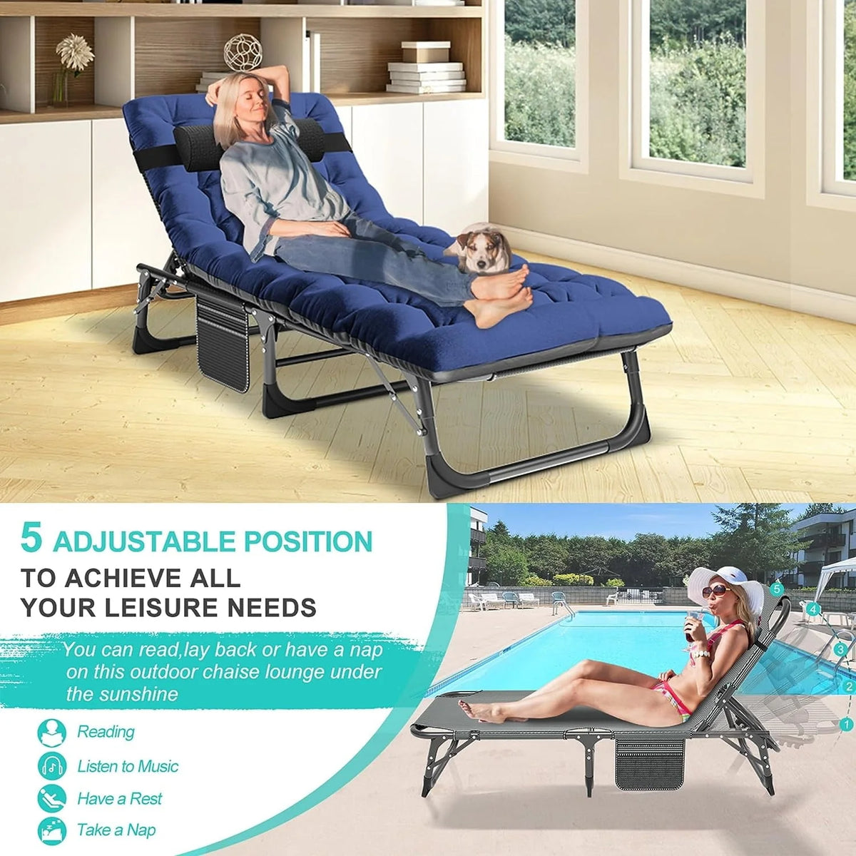 ABORON Folding Camping Cot with 2-Sided Pad & Pillow for Adults & Kids, Adjustable 5-Position Folding Lounge Chair, Folding Cot, Sleeping Cots Bed