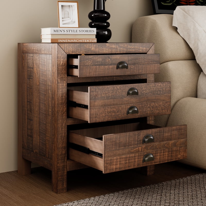 Rustic Farmhouse Style Three-Drawer Solid Pine Wood Nightstand  Set of 2,with Cup Pulls and Integrated Charge Station