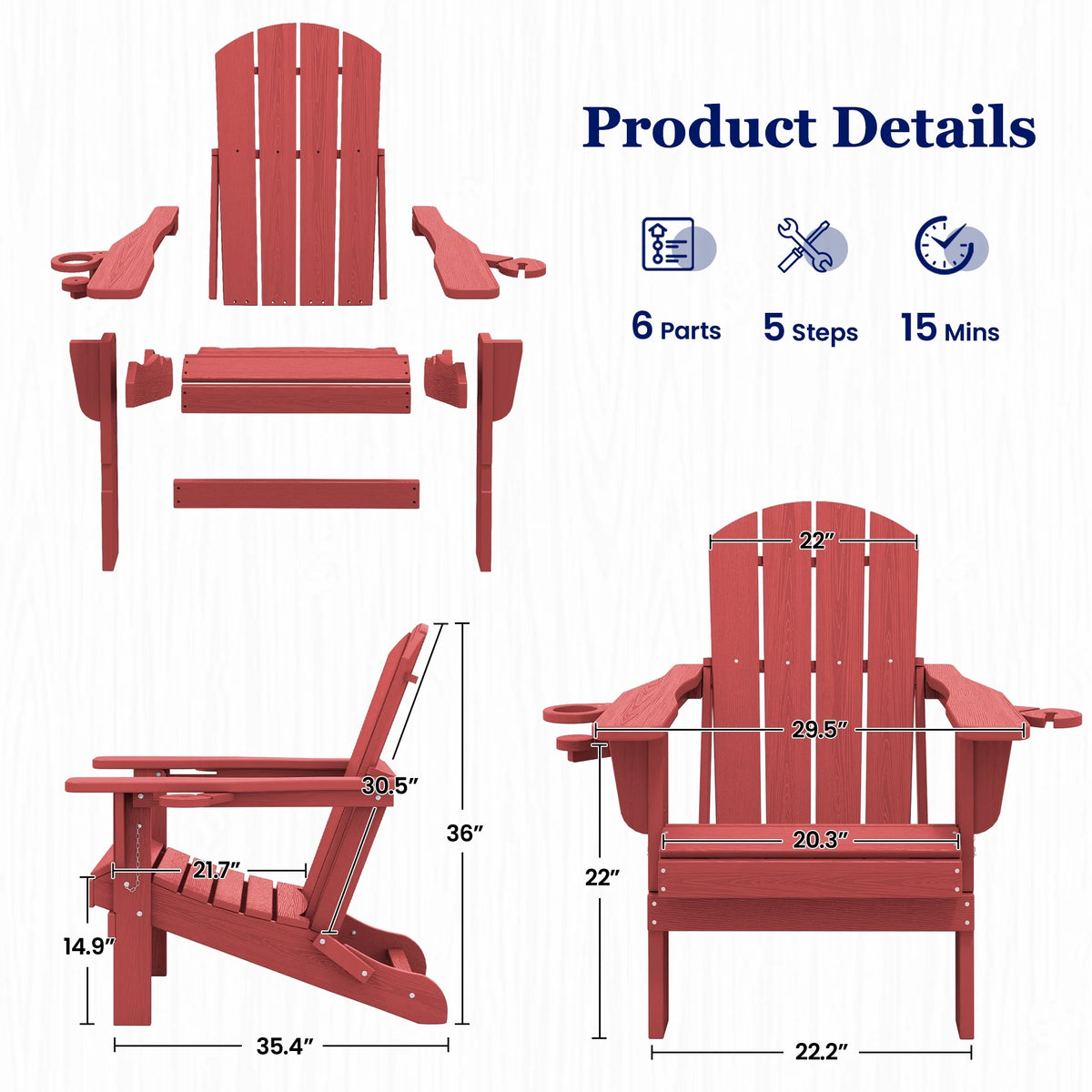 SERWALL Folding Adirondack Chair Set with Dual Cup Holders & Phone Holder, All-Weather HDPE Fire Pit Chairs for Outdoor, Patio, Poolside, Garden - Black