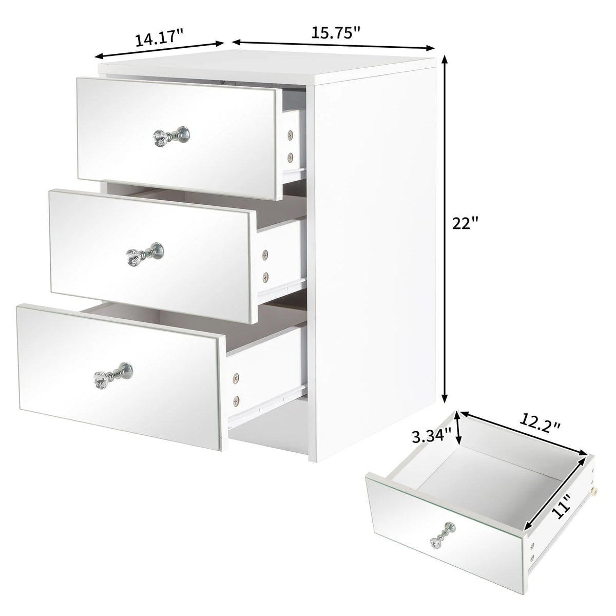 Ktaxon Mirrored Nightstand, End Table with 3-Drawer and Crystal Style Knobs, Modern Bedside Table for Bedroom, Living Room,White