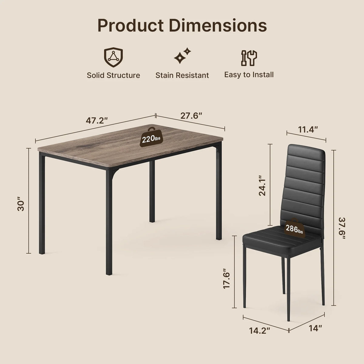Aiho 5-Piece Modern Dining Set, Metal & Wood Table & 4 Chairs, Space-Saving for Small Spaces & Apartments, Retro