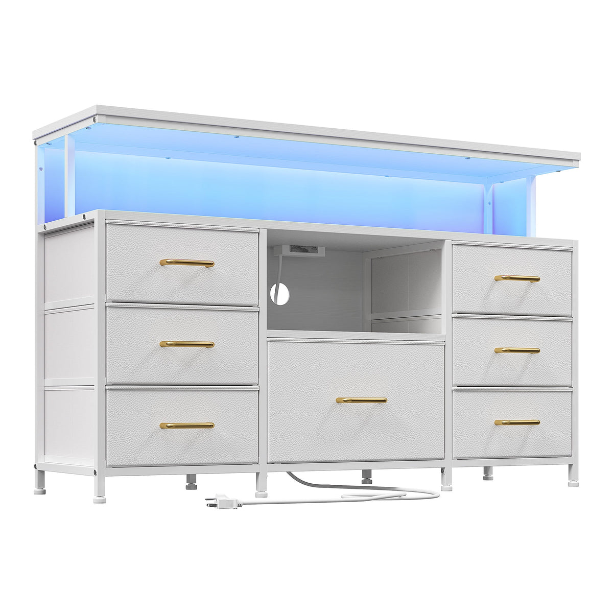 EnHomee Dressers for bedroom TV Stand with Power Outlets &LED Lights Wide Dresser with 10 Drawers&Side Pockets & Hook Fabric Chest of Drawers,Black