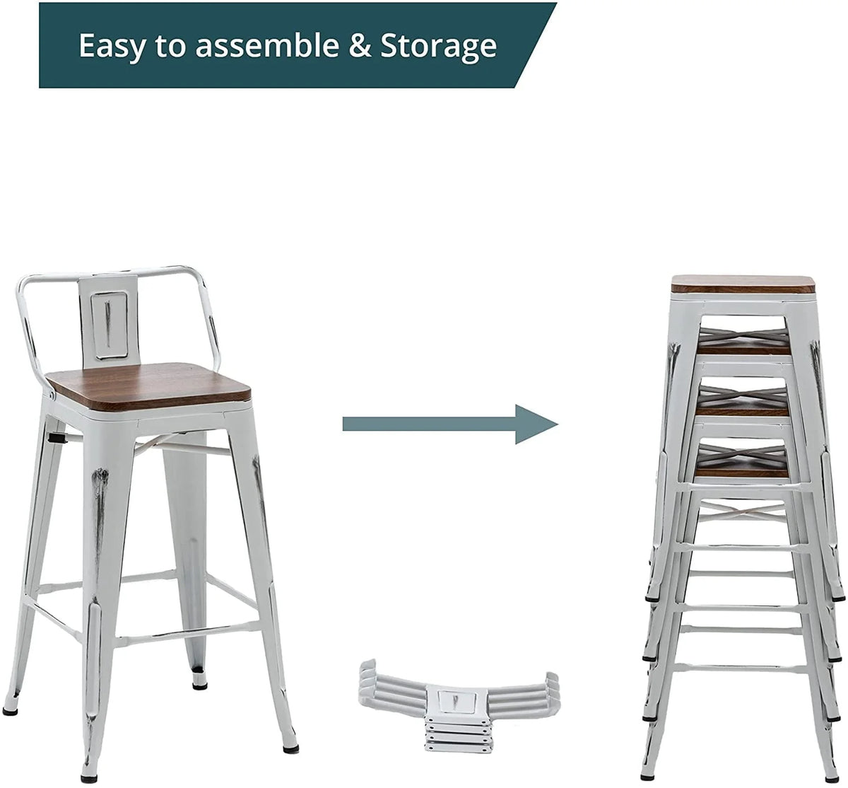 Andeworld Bar Stools Set of 4 Counter Height Stools Industrial Metal Barstools with Wooden Seats( 24 Inch, Distressed White )