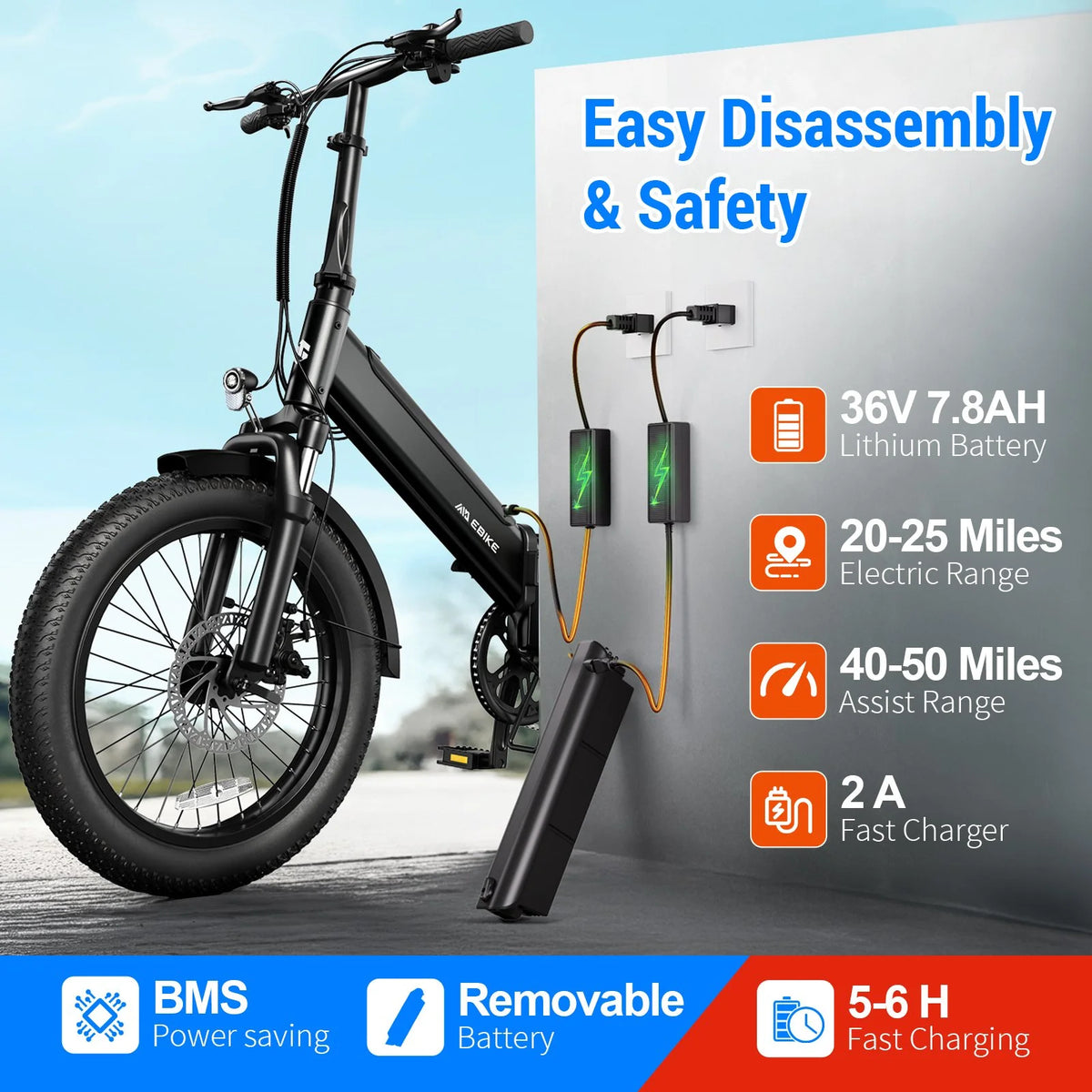 TST Electric Bike for Adults, 500W Removable Battery Max Range 50Miles & 19MPH E Bike, 20''��3.0" Fat Tire Ebike, Commute Electric Bicycle 36V/7.8AH UL2849