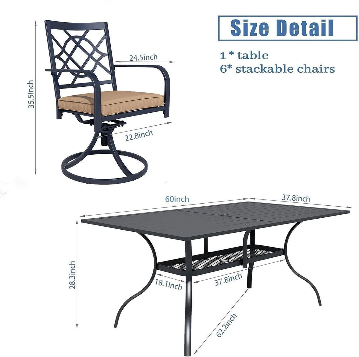 SUNCROWN 5-Piece Outdoor Wrought Iron Chairs and Table Patio Dining Furniture Set - 4 Stackable Metal Chairs, 1 Steel Slat Bistro Table and 1 Sky Blue 9Ft Patio Umbrella for Garden Backyard Deck