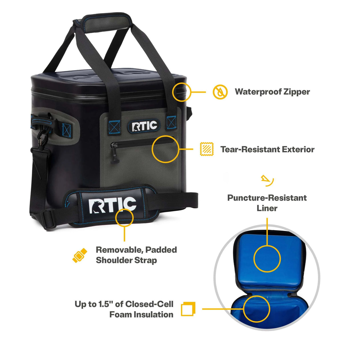 RTIC 12 Can Ultra-Tough Soft Cooler, 10 Qt, Leakproof, Waterproof Zipper,  Black