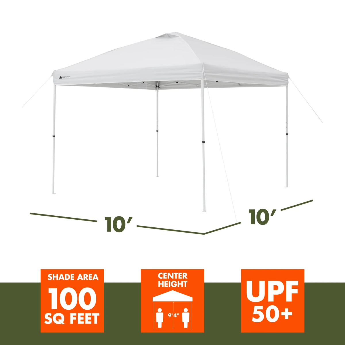 Ozark Trail Simple Push Straight Leg Instant Canopy, White, 10 ft x 10 ft