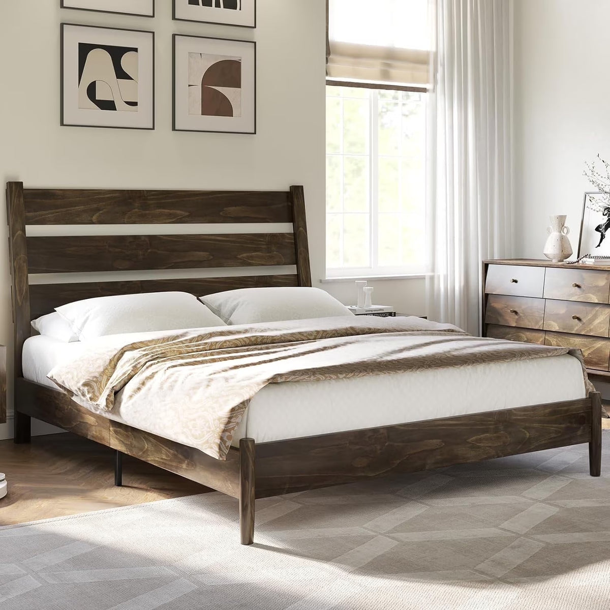 Merluxy Full Size Solid Wood Bed Frame, Mid Century Platform Bed with Reclining Slatted Headboard, Wood Slat Support/Noise Free, Light Brown