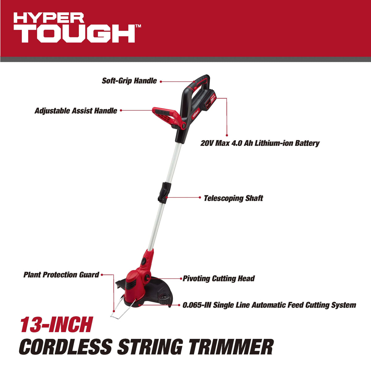 Hyper Tough 20V Max Cordless 13-inch Battery Powered String Trimmer, HT22-401-03-05