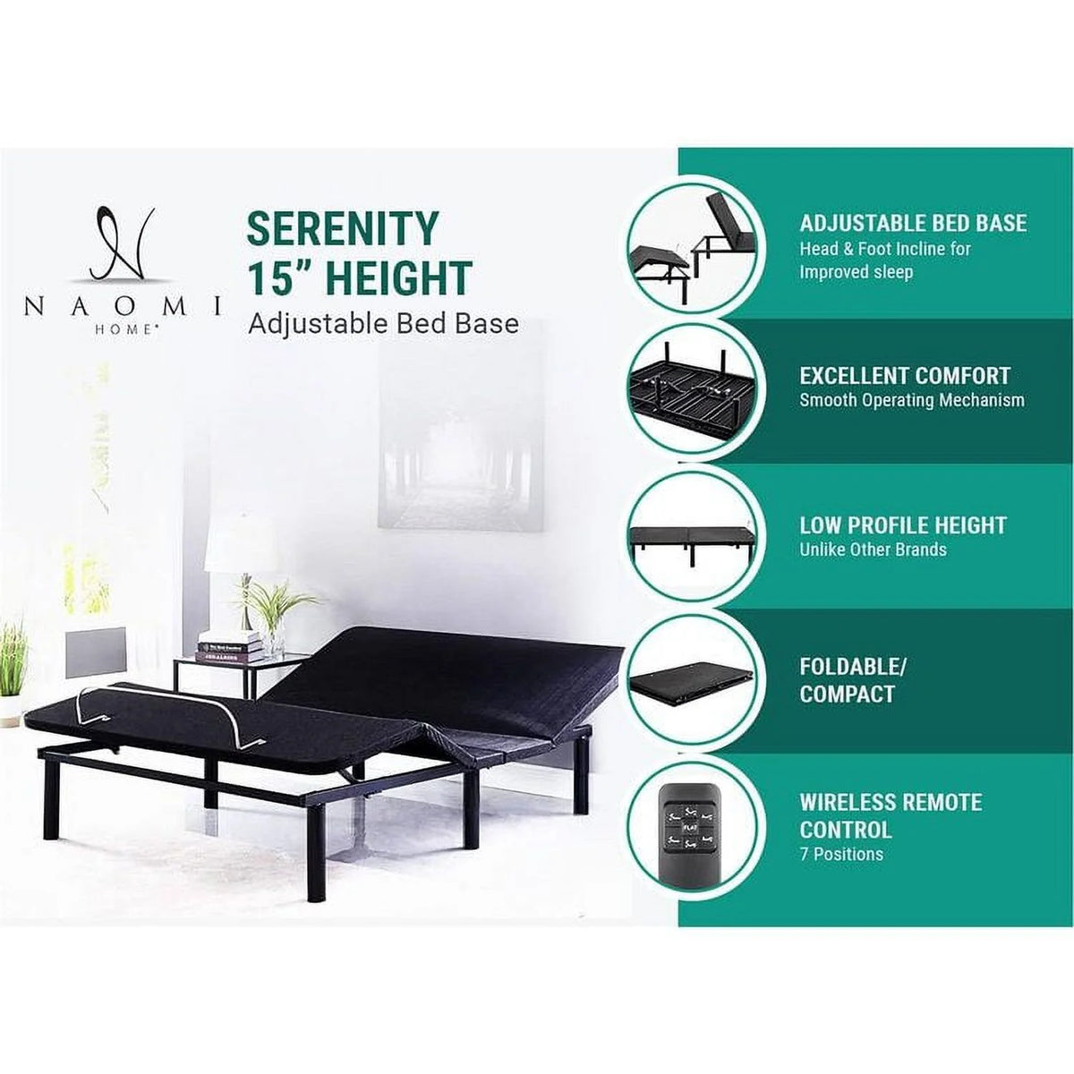 Naomi Home Twin XL Size Ergonomic Adjustable Bed Base with Basic Lumbar Support & Head Tilt, Back & Leg Massage, Wireless Remote, Assembly Needed - Twin XL, Gray