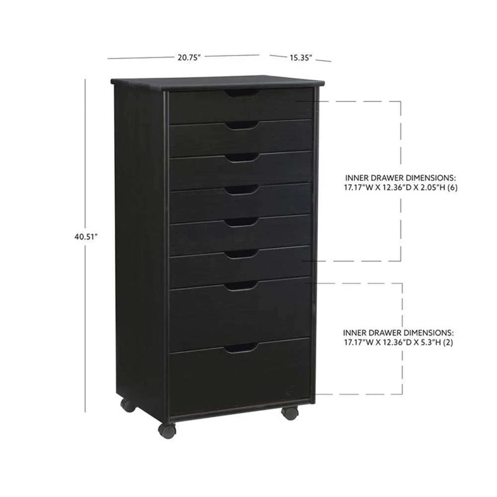 Linon Callie Eight Drawer Rolling Storage Cart in Natural Stained Wood