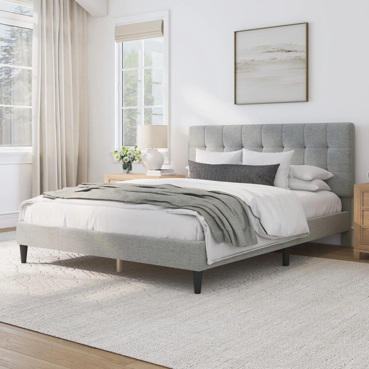 Mainstays Hillside Square Tufted Upholstered Full Platform Bed, Ivory Fabric