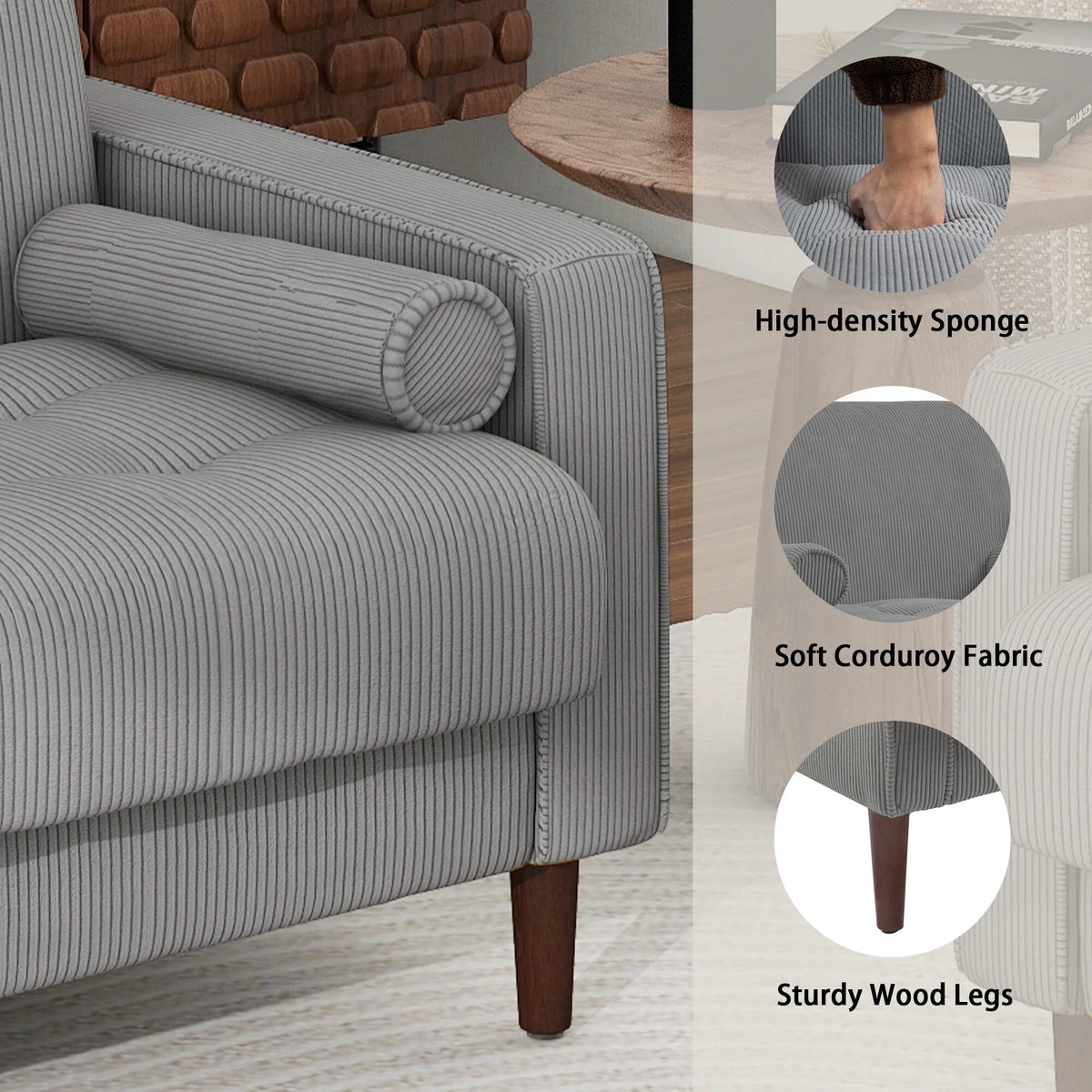 UIXE Corduroy Accent Chair Modern Upholstered Arm Chairs Comfy Reading Armchair with Pillow Armrest Tufted Living Room Single Sofa Lounge Seat, Yellow