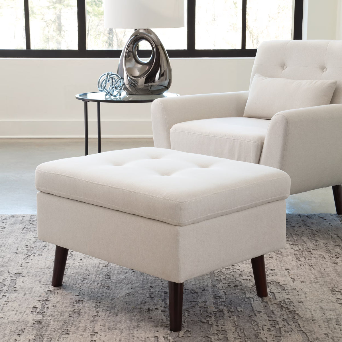 OFM Mid Century Modern Tufted Fabric Storage Ottoman, Walnut Legs, in Beige