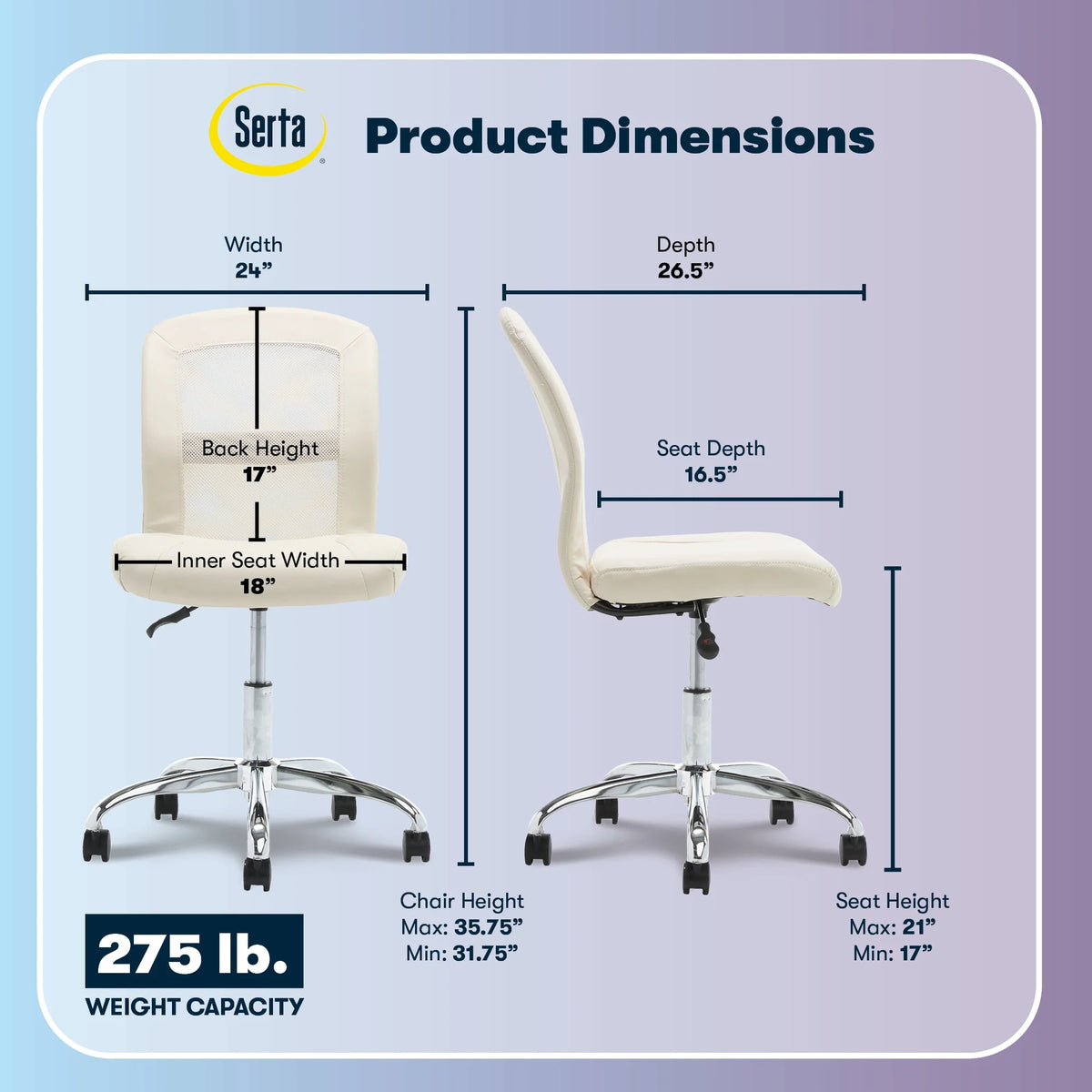 Serta Essentials Armless Task Chair, Faux Leather and Mesh, Cream