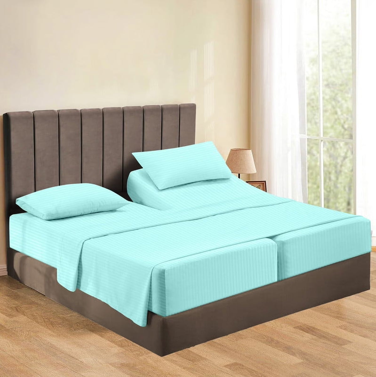 5-Piece Split Queen Sheet Set, 800 Thread Count, 100% Egyptian Cotton, Color Aqua Blue Stripe Pattern, Fits 16-Inch Deep Mattresses