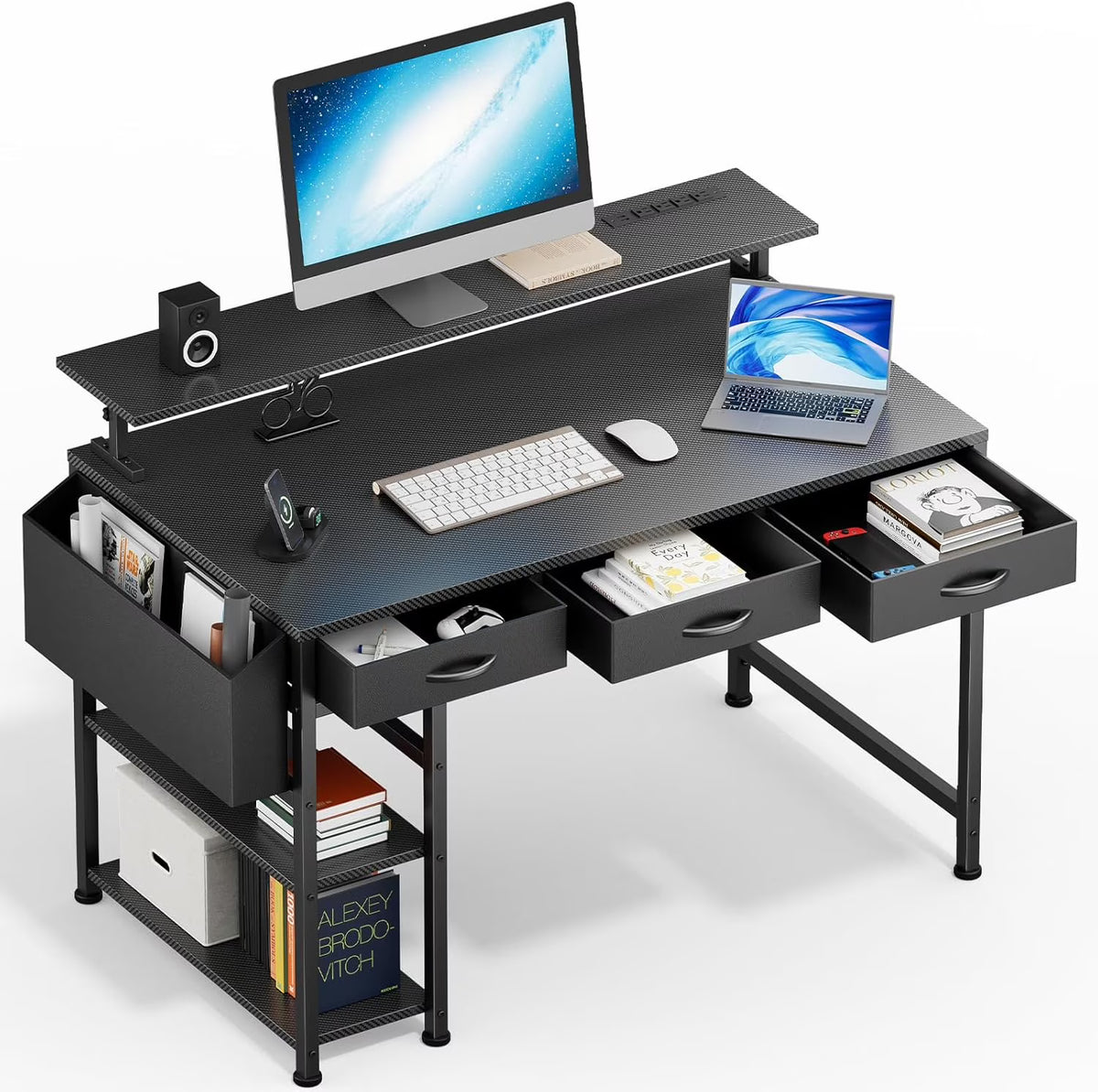 Upgo 55" Gaming Desk with Adjustable Storage Rack & LED Lights, Power Outlets for Adult and Teen