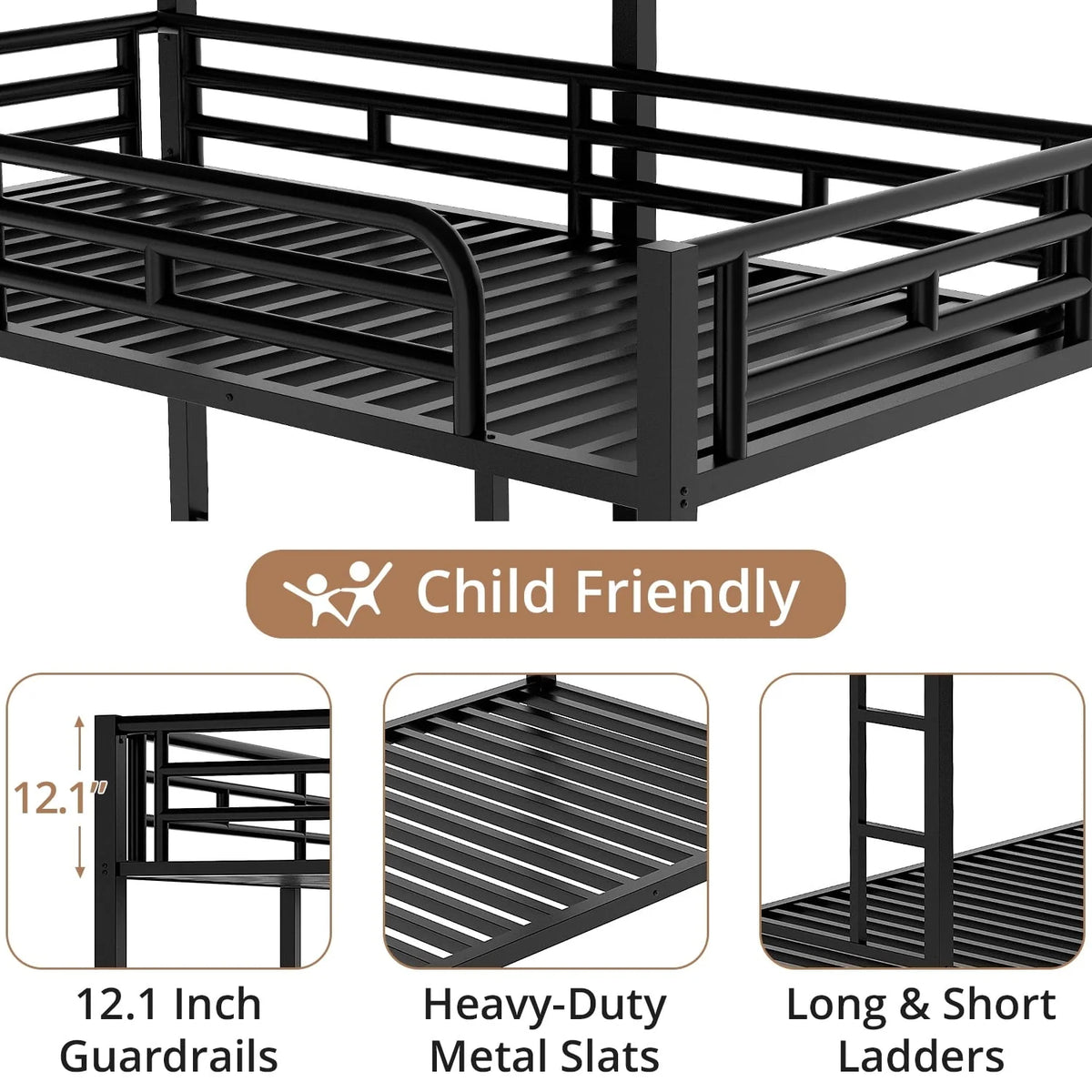 L-Shaped Triple Bunk Bed, Twin Size Metal Bunk Bed for 3 with Long and Short Ladders, Space-Saving Loft Bunk Bed with Full-Length Guardrails for Boys Girls, No Box Spring Needed, Noise Free, Black