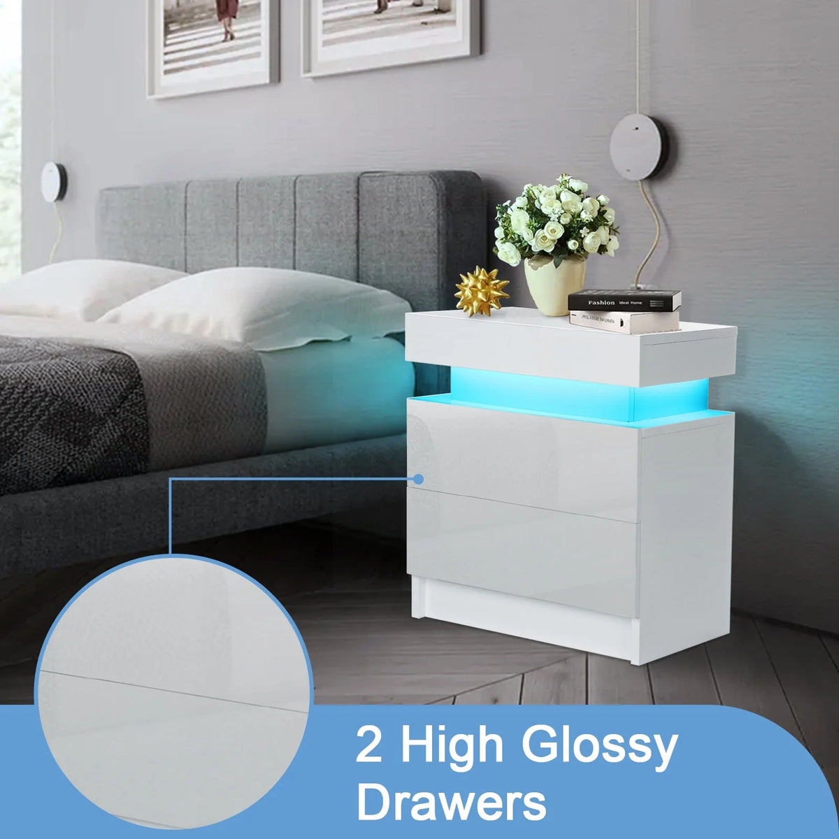 Hommpa Modern LED Nightstand with 2 Drawers High Gloss Led Light Bedside Table Storage White Night Table with Lights End Side Table with Drawer for Bedroom 20.5" Tall