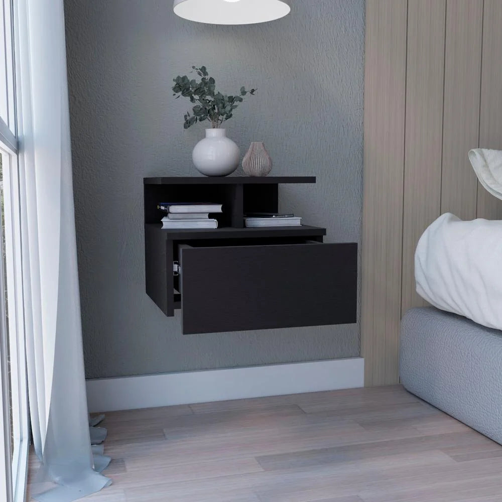 DEPOT E-SHOP Seward Floating Nightstand, Wall Mounted with Single Drawer and 2-Tier Shelf, White