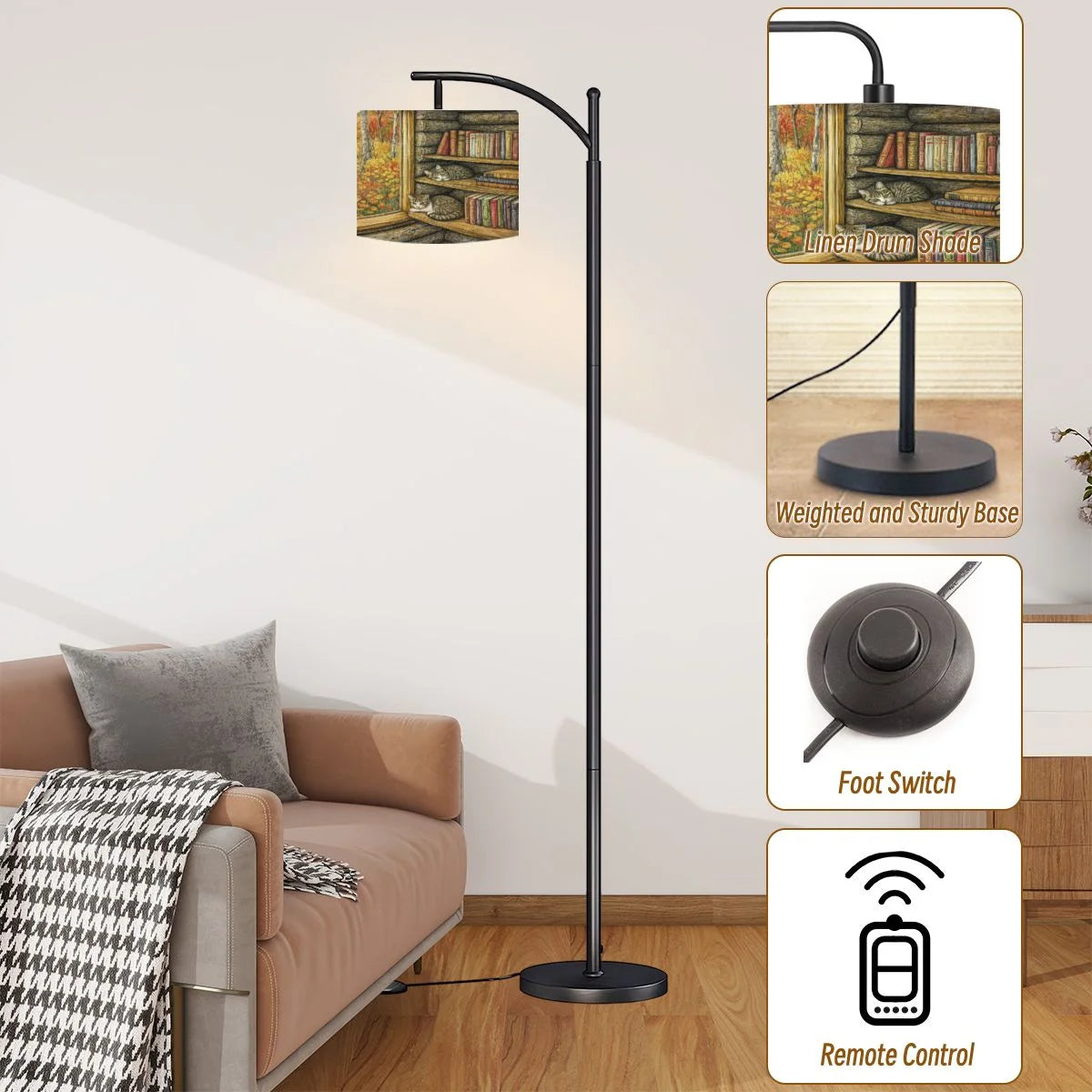 Arc Floor Lamps Surreal Bookshelf Dreamlike Sky Art Print Modern LED Adjustable Lampshade Standing Light for Living Room Reading Bedroom Office